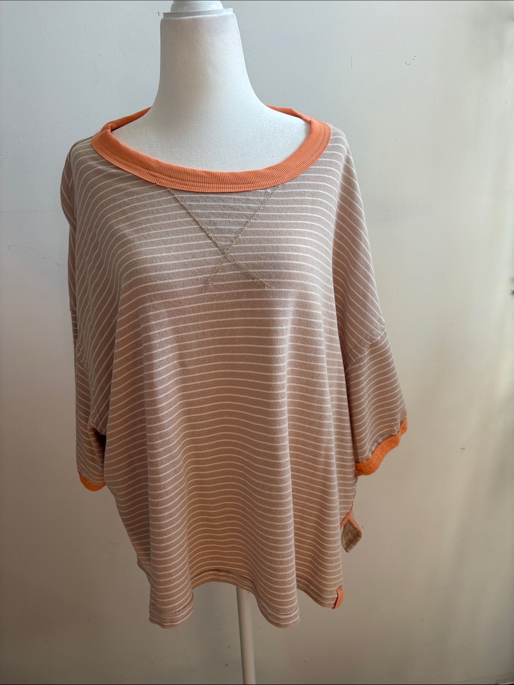 Relaxed Striped Boatneck Blouse in Beige with Orange Trim